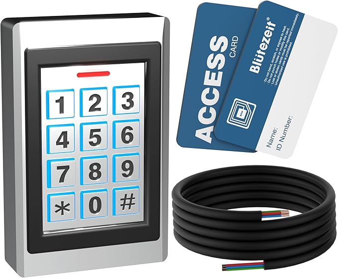 Blütezeit Wired Gate Opener Keypad with 2 RFID Cards & 16.4ft Cable, IP67 Waterproof Metal Entry Pad for Garage Door, Gate Motors, 12V DC Supports 2000 Users with PIN Code & Card Access Control System
