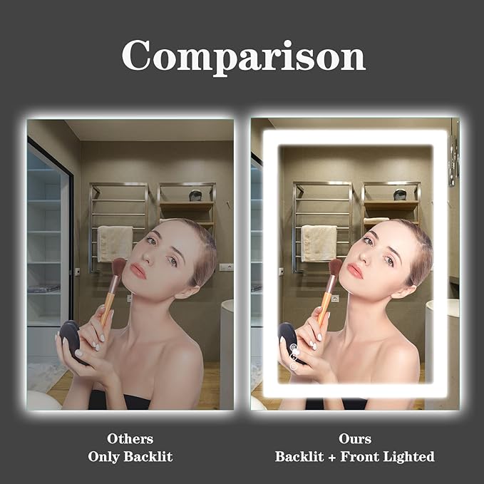 Amorho LED Bathroom Mirror 24"x 36" with Front and Backlight, Stepless Dimmable Wall Mirrors with Anti-Fog, Shatter-Proof, Memory, 3 Colors, Double LED Vanity Mirror(Horizontal/Vertical)
