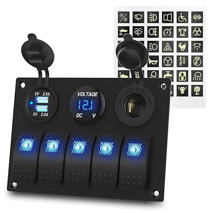 Marine Switch Panel Waterproof 12 Volt 5 Gang Rocker Switch Panel Blue Lighted with Dual USB Socket 4.8A & 12V LED Voltmeter & Cigarette Lighter Socket for Marine Boat Car RV Truck