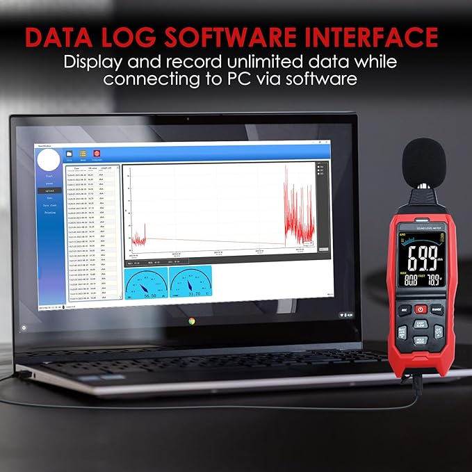 Decibel Meter with Data Logging Sound Decibel Meter Data Logger, 30~130dB Sound Level Meter with Audible Visual Alarm, Sound Meter with Export Data, PC Connection, Temperature, Analog Bar Indicator