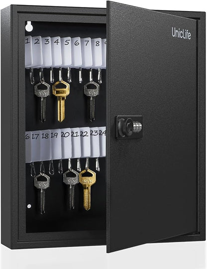 Uniclife 60 Position Slotted Key Cabinet with Combination Lock Resettable Black Digital Security Storage Box Steel Key Organizer with Slotted Racks White Key Tag Labels and Permanent Pen