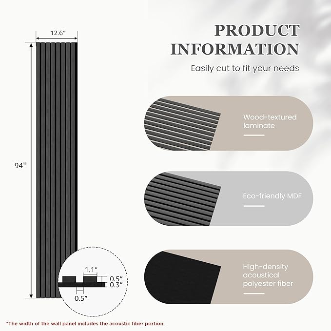 Wood Salt Acoustic Wall Panels, 4 Piece 94" x 12.6" x 0.8" Soundproof Wooden Wall Panels, 3D Fluted Sound Absorbing Panel, Dark Gray