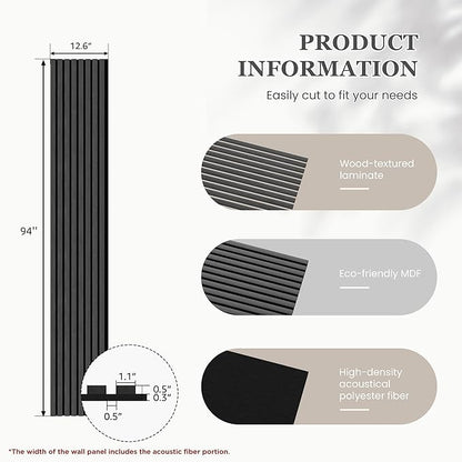 Wood Salt Acoustic Wall Panels, 4 Piece 94" x 12.6" x 0.8" Soundproof Wooden Wall Panels, 3D Fluted Sound Absorbing Panel, Dark Gray