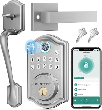 DS10 Pro Keyless Entry Door Lock with Handle Set, Smart Front Door Locks Set, Electronic Keypad, Fingerprint Deadbolt, Bluetooth APP Control, Auto-Lock & One Touch Locking, Satin Nickel