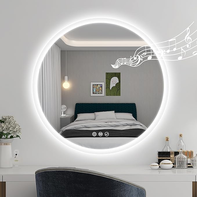 STARLEAD 24" LED-Bathroom-Mirror-with-Lights, Wall-Mounted with Bluetooth Speaker, Anti-Fog, 3 Color Temperature, Dimmable Brightness, Waterproof, Tempered Glass, Frontlit & Backlit, Round