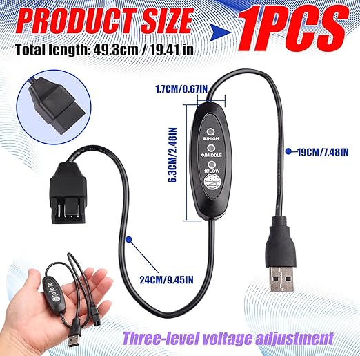 USB Fan Speed Controller, 3 Voltage Settings 5V/7V/9V with LED, 50cm Cable Length, Touch Switch Cycle Control, Black PVC Box, DIY Cooling/Desktop Fan Modification