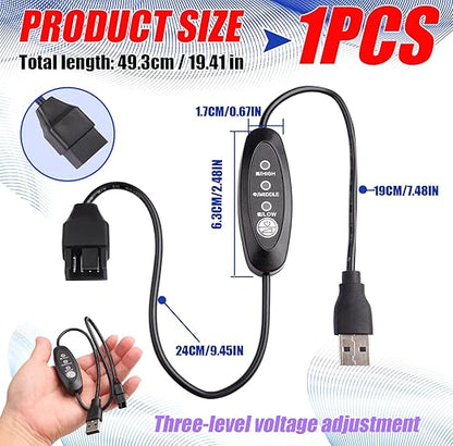 USB Fan Speed Controller, 3 Voltage Settings 5V/7V/9V with LED, 50cm Cable Length, Touch Switch Cycle Control, Black PVC Box, DIY Cooling/Desktop Fan Modification