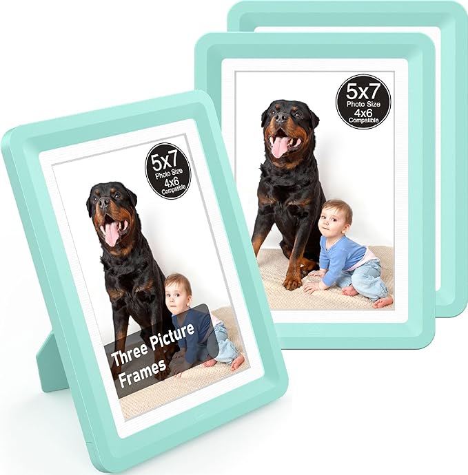 Green 5x7 Picture Frame with Acrylic Front 3 Pack, ABS Frame for 5x7 or 4x8 Photos, Shatterproof UV-Resistant Tabletop Photo Frame, Vertical/Horizontal Display for Home Décor