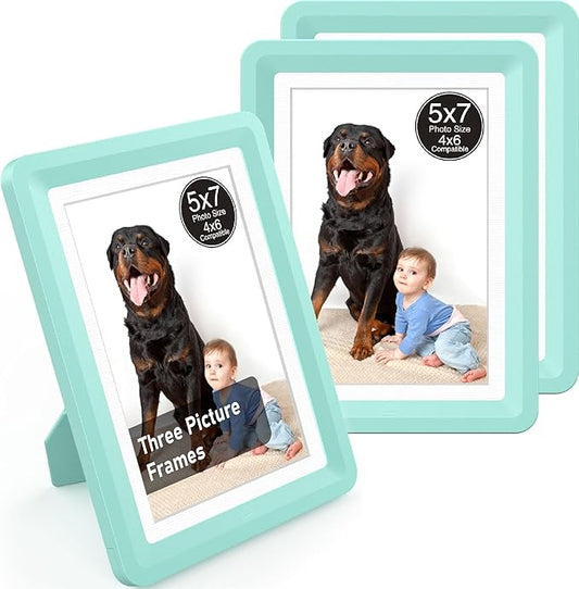 Green 5x7 Picture Frame with Acrylic Front 3 Pack, ABS Frame for 5x7 or 4x8 Photos, Shatterproof UV-Resistant Tabletop Photo Frame, Vertical/Horizontal Display for Home Décor