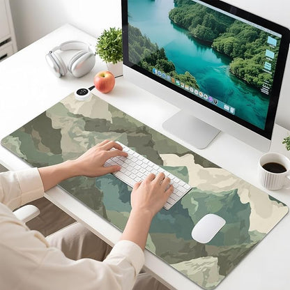 Heated Desk Pad Mouse Pad 31.5x13 Inch PU Leather Desk Mat with 3 Heat Levels Large Mouse Gaming Computer Laptop Mat Sage Green Camounflage Mountain