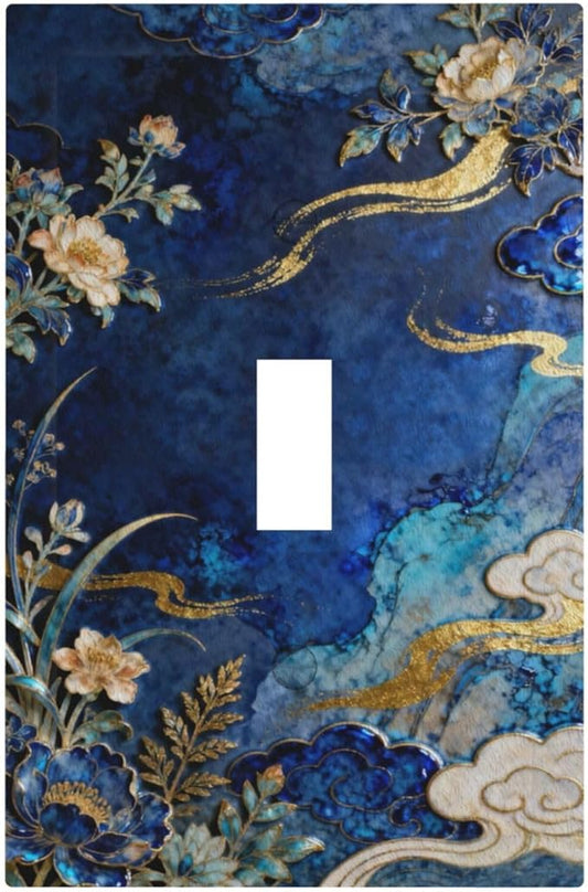 Decorative Light Switch Cover Plate Blue White Flower Gold Line Cloud 1 Gang Single Toggle Wall Plates for Electrical Outlet Covers Switch Plate Covers Faceplate for Bedroom Home Decor