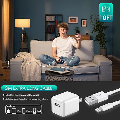 3Pack 10FT Long iPhone Charger,[Apple MFi Certified] Cube Phone Charging Transfer Cord 10Foot Lightning Cable USB Plug Wall Charger Block Travel Adapter for iPhone 14/13/12/11/SE 2022/8/7/XS/XR/X/iPad