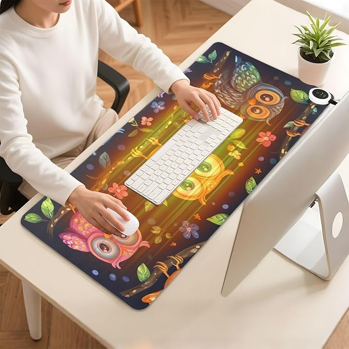 Heated Desk Pad Mouse Pad 31.5x13 Inch PU Leather Desk Mat with 3 Heat Levels Large Mouse Gaming Computer Laptop Mat Vibrant Owls Branches Flowers Spring