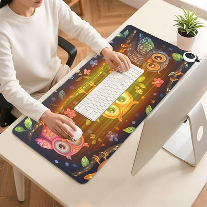 Heated Desk Pad Mouse Pad 31.5x13 Inch PU Leather Desk Mat with 3 Heat Levels Large Mouse Gaming Computer Laptop Mat Vibrant Owls Branches Flowers Spring