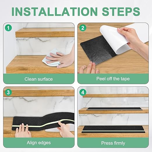 10-Pack Anti Slip Traction Tape 24" x 6" Best Grip Tape Grit with 12mm/0.47" Glow in Dark Stripe High Traction Friction Abrasive Adhesive for Indoor/Outdoor Stairs[Black+Green]