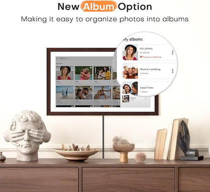 Digital Picture Frame Frameo, Large 15.6 Inch Digital Photo Frame, WiFi Electric Frame, 1920 * 1080 IPS FHD Touchscreen, 32GB, Tabletop&Wall-Mounted, Share Video Picture, Gifts for Mom, Black Walnut