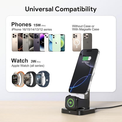 Esoulk 15W 2-in-1 Wireless Charger, Foldable Magnetic Fast Charging Station for iPhone, Apple Watch, and Smart Watch
