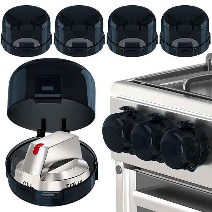 Stove Knob Covers for Baby Safety (5 Pack), Stove Knob Safety Covers, Prevent Kids-Pets from Gas Stove Knob Locks, Childproof Oven Lock Knob Covers with Adhesive, Heat-Resistant Upgraded-Black