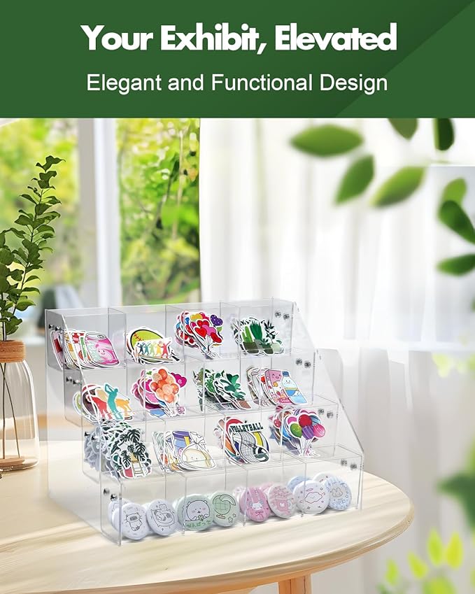UCEC 4-Tier Sticker Display Stand for Vendors, 16-Pocket Acrylic Display Stands & Card Stand, Portable Organizer for Trade Shows, Retail Stores, Small Business Supplier Events