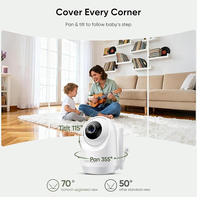 bonoch 7" Baby Monitor with Camera and Audio, Upgraded 1080P HD MegaView No WiFi Video Baby Monitor, 6000mAh Battery, VOX Mode, Night Vision, Hack Proof, Remote PTZ, White Noise, Ideal Gifts