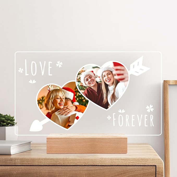 Personalized Christmas Anniversary Couple Gifts for Women & Men, Custom Picture Frame with Photo, Personalized Photo Frame with Night Light, Customized Gifts for Her & Him
