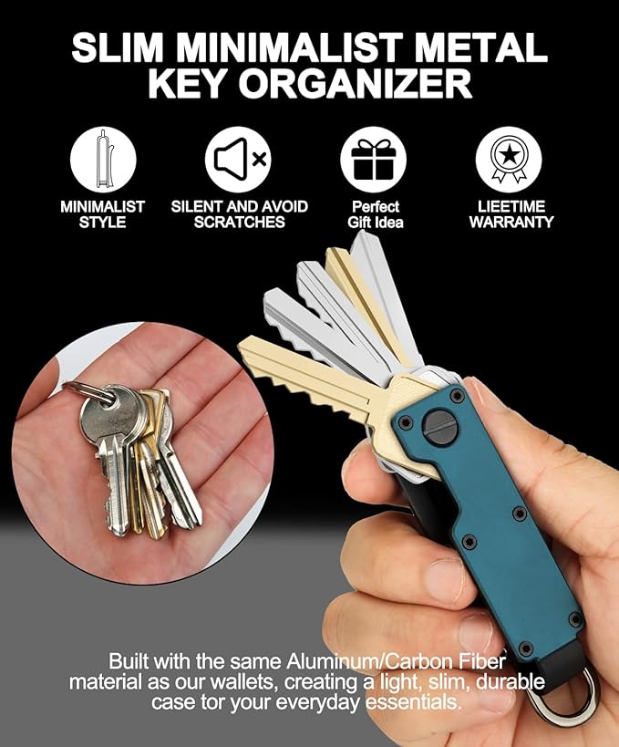 Mens Key Organizer - Compact Metallic Key Holder | Minimalist Innovative Keyholder | Smart Keychain Secures 1-5 Keys