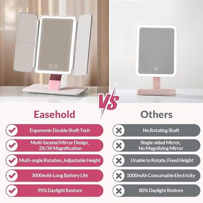 EASEHOLD Foldable Tri-Fold Lighted Makeup Vanity Mirror with 60 LED Lights, 1X/2X/3X Magnification, Touch Control Dimming, 3000mah Rechargeable, 360° Rotation, Portable Travel Folding Compact Mirror
