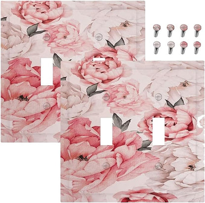Decorative Light Switch Plate Covers Ink Pink Peony Flower Rustic Floral 2 Gang Light Switch Cover Unique Double Toggle Wall Plate Outlet Covers for Bedroom Home Decor （2 Pack）