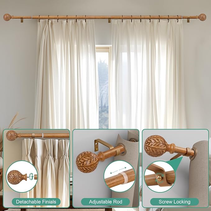 Boho Wood Curtain Rods for Windows 48 to 84 inch,1" Adjustable Heavy Duty Window Curtain Rod with Imitation Wood Grain Finials,Rustic Decorative Drapery Rods Set,Size:36-88'',Natural Wood