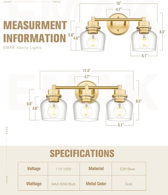 Emak Modern Gold Vanity Lights, Bathroom Lighting Fixtures Over Mirror with Clear Glass Shade, 3-Light Vanity Light for Bathroom, Mirror, Makeup Desk, VL122-GD-CG-3