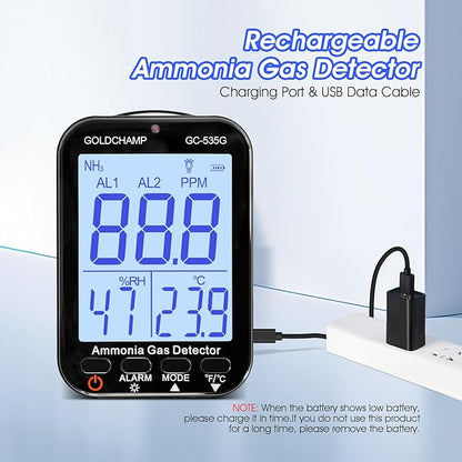 Portable Ammonia Gas Detector | 0-100 PPM Rechargeable Ammonia Gas Monitor | Resolution 0.1ppm with Temperature(℉/℃) | Humidity | Backlight Display | Dual Alarm for Poultry, Farm, Home GC-535G