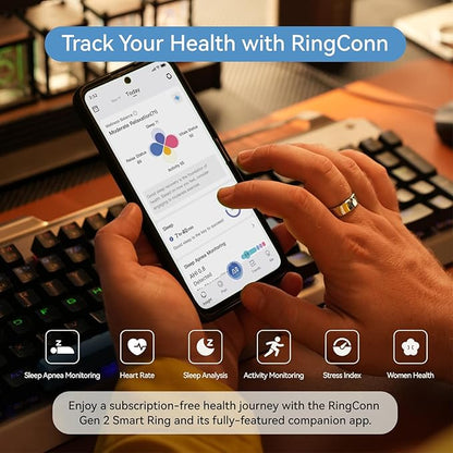 RingConn Gen 2, World’s First Smart Ring with Sleep Apnea Monitoring, No APP Subscription, 12-Day Battery Life, Stress/Heart Rate/Women's Health Tracker, Android & iOS Compatible (Silver, Size 12)