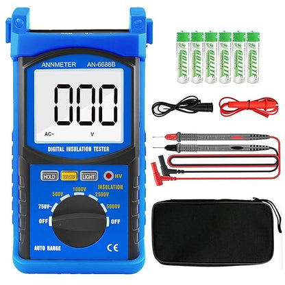 Digital Insulation Resistance Tester, AIMOEST Megohmmeter 200GΩ Meg Ohmmeter, 500V/1000V/2500V/5kV Test Voltage, Auto Ranging Mega Ohm Meter AC Voltmeter AI-6688B with Over-Range Indicator