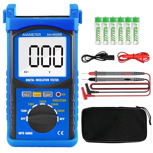 Digital Insulation Resistance Tester, AIMOEST Megohmmeter 200GΩ Meg Ohmmeter, 500V/1000V/2500V/5kV Test Voltage, Auto Ranging Mega Ohm Meter AC Voltmeter AI-6688B with Over-Range Indicator