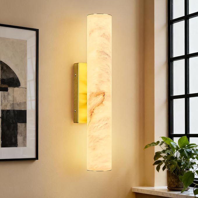 LMQNINE Natural Alabaster Wall Sconces Set of Two Spanish Marble Wall Light Cylinder Modern Gold LED Sconce for Living Room Bedroom Bathroo Stairs（S-2Pack）