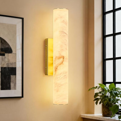 LMQNINE Natural Alabaster Wall Sconces Set of Two Spanish Marble Wall Light Cylinder Modern Gold LED Sconce for Living Room Bedroom Bathroo Stairs（S-2Pack）