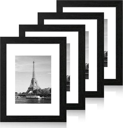 iRahmen 9x12 Picture Frame Set of 4 with Tempered Glass, Black Frames Display 6x8 Picture with Mat or 9 x 12 Without Mat, Wood Photo Frames for Tabletop Display and Wall Mounting