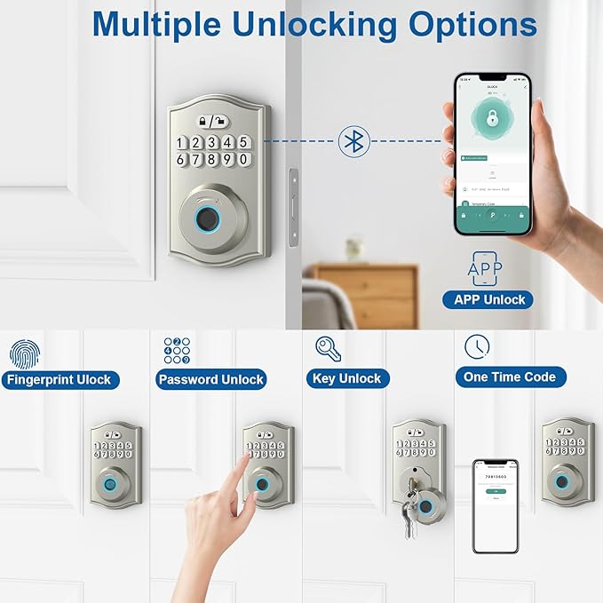 Smart Door Lock - Keyless Entry with Fingerprint/Bluetooth APP Control/Password, Auto Lock, One Time Code, Nickel