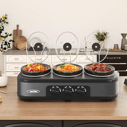 Triple Slow Cooker, Buffet Food Warmer with 3 * 1.5 Quarts Removable Ceramic Pots, Buffet Servers and Warmers with Glass Lids and 3 Spoons, Stainless Steel,Grey
