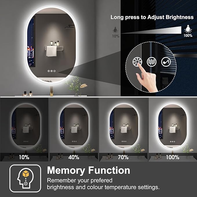 S'bagno 2pcs 24x36 Oval LED Bathroom Mirror with Lights, Anti-Fog, Bluetooth Speaker, 3 Colors Temperature & Dimmable, Lighted Mirrors for Bathroom Wall with Memory Function, Waterproof, Shatter-Proof