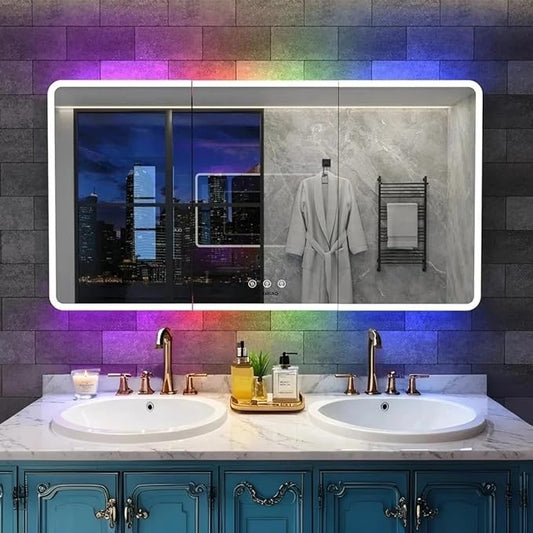 60×32 Inch Lighted Medicine Cabinet with Mirror, RGB Backlit LED Medicine Cabinet with 3-Color Front Lights, Bathroom Mirrored Cabinet with Electrical Outlet, Defogger, Three Door