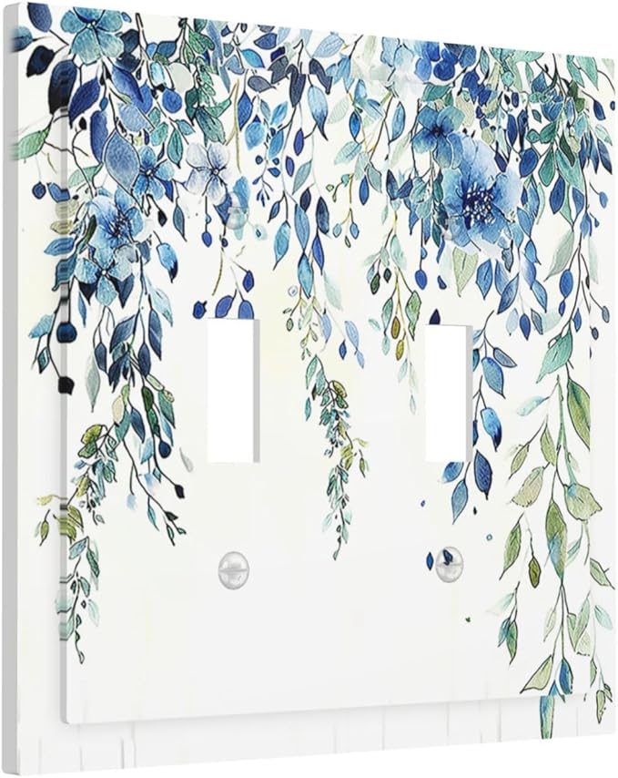 Decorative Switch Plates Boho Vintage Flowers Blue Green Sage 2 Gang Double Toggle Outlet Light Switch Cover Wall Plate Electrical Faceplate for Bedroom Farmhouse Decor