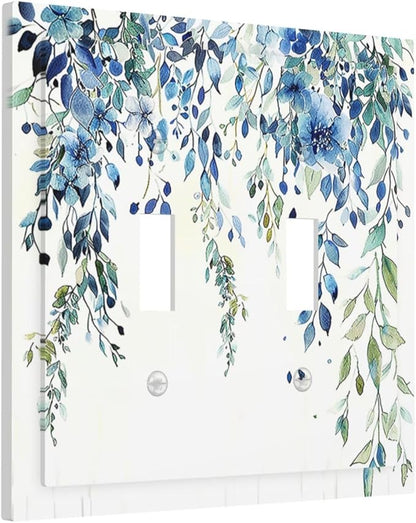 Decorative Switch Plates Boho Vintage Flowers Blue Green Sage 2 Gang Double Toggle Outlet Light Switch Cover Wall Plate Electrical Faceplate for Bedroom Farmhouse Decor