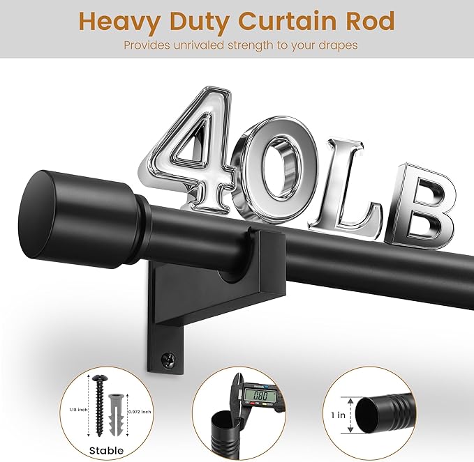 Black Aluminium Curtain Rods for Windows,1 Inch Adjustable Curtain Rod 32-45,Heavy Duty Drapery Rods with Thicken Bracket,Decorative Modern Single Rod with Aluminium Finials