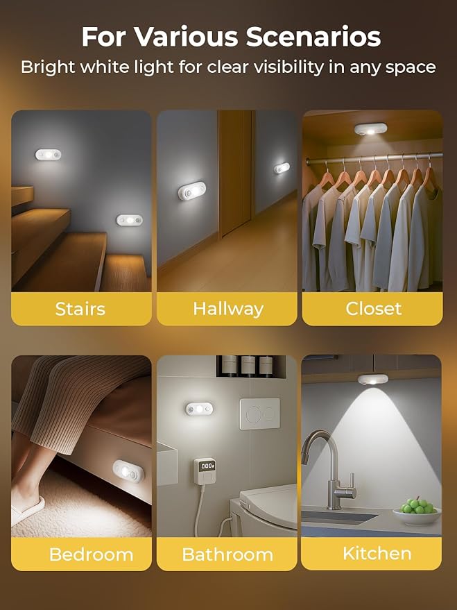 YGS-Tech LED Motion Sensor Light Indoor, Rechargeable Puck Lights, Magnetic Dimmable Under Cabinet Lights, Wireless LED Lights for Closet, Kitchen, Stairs, Daylight White, 6-Pack (White)