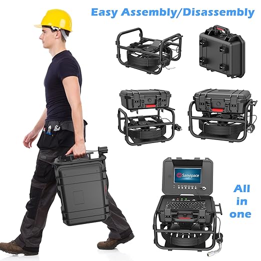 Sanyipace Sewer Camera 165FT/50M with 512Hz Transmitter, Self-Leveling, Distance Counter, Plumbing Inspection Camera with Microphone Speaker Audio Video Record, 16GB TF Card, Pipe Pulley (7mm Cable)