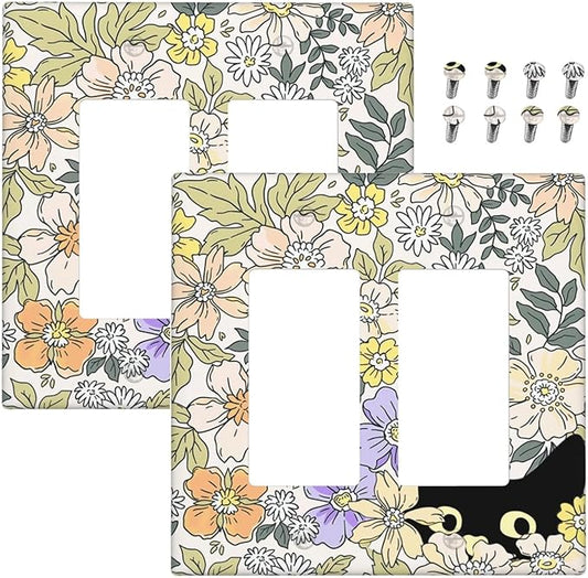 Decorative Outlet Covers Cute Black Cat in a Flower Patch Botanical Garden 2 Gang Wall Plate Double Rocker Light Switch Cover Double Switch Plate Cover for Home Decor （2 Pack）