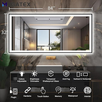 84x32 LED Bathroom Mirror, Black Aluminum Framed, Backlit + Front-Lit, 3 Colors Temperature Changeable, Dimmable Vanity Mirror, Tempered Glass, Defog, Waterproof, Memory (Horizontal/Vertical)