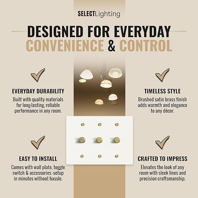 Select White Brass Dimmer Light Switch, 1 Way Rotary Dimmer, 3 Gang TRIAC/Leading Edge Dimmable LED Light Switch, 15A 120V AC with Brass Knob, Faceplate & Dimming Module, UL Listed