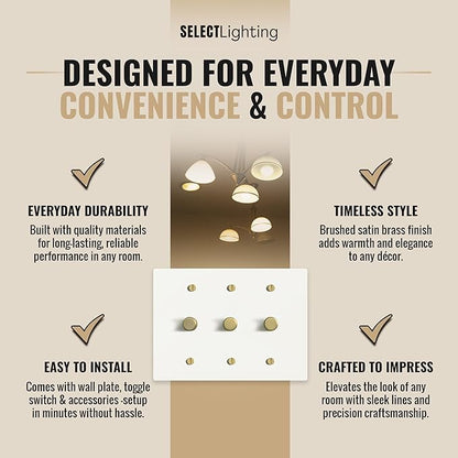 Select White Brass Dimmer Light Switch, 1 Way Rotary Dimmer, 3 Gang TRIAC/Leading Edge Dimmable LED Light Switch, 15A 120V AC with Brass Knob, Faceplate & Dimming Module, UL Listed